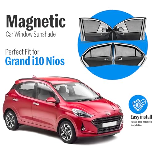 Image of Autofact Magnetic Car Sunshades Compatible with Hyundai Grand I10 Nios (2019 to 2024) (Set of 4) - Easy Installation, UV Protection (Front 2 Half-Cut for Side Mirror Visibility, Rear 2 with Zippers)