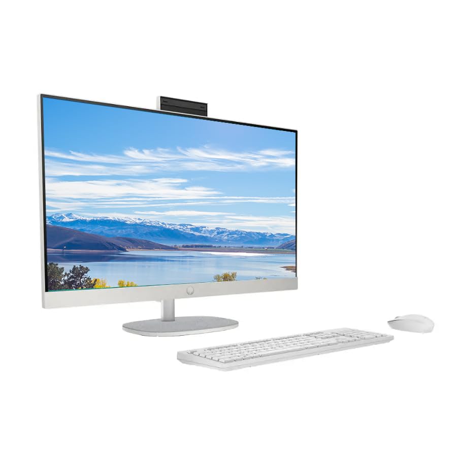 Image of HP 27 inch FHD All-in-One Desktop Computer, Intel 12-Core Ultra 7 155U Processor, 16GB RAM 1TB Storage (512GB SSD+512GB External), Wireless Keyboard & Mouse, Windows 11, PLUSERA Earphones, White