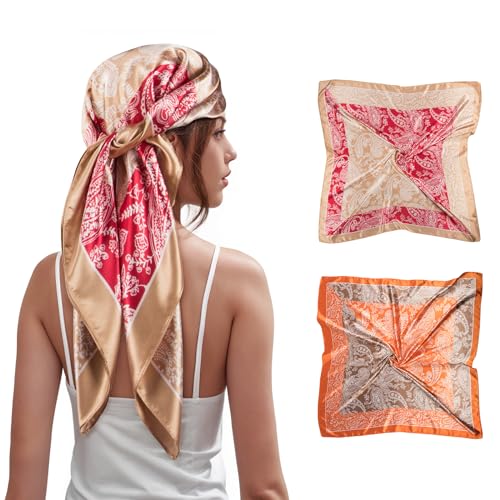 2 Pcs Head Scarf for Women Like Satin Head Scarf Silk Scarf for Women Hair Wrap Sleeping 35 x 35 Inches