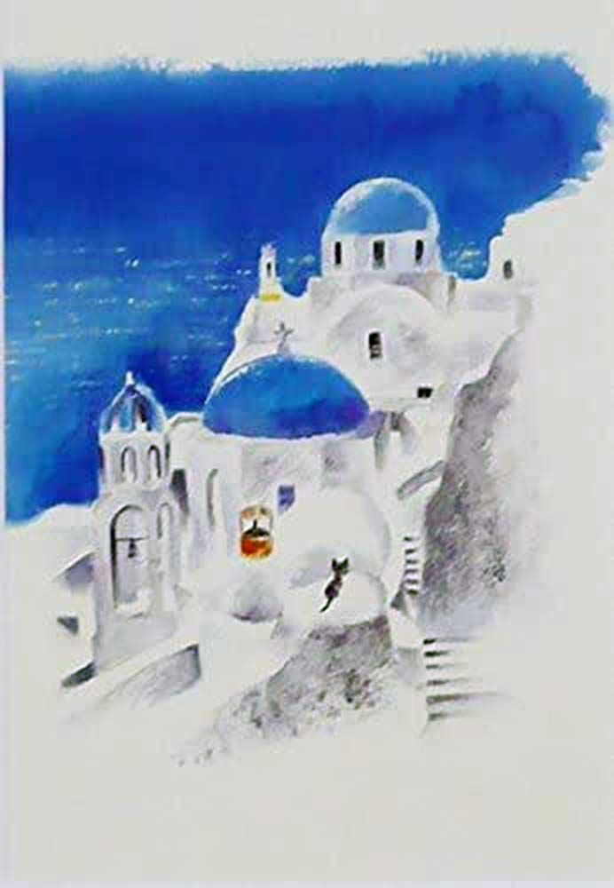 ガエーゴス　サントリーニ　絵画　アート サントリーニ島 水彩画 ギリシャ オリジナル絵画 オーダーメイド