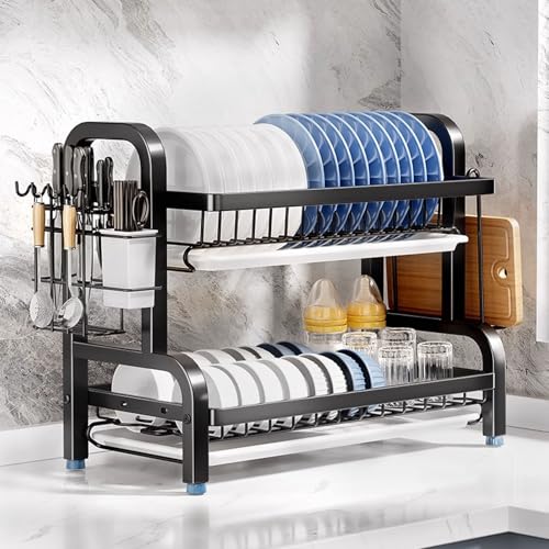 Escurreplatos de 2 niveles con soporte para utensilios, organizador de cocina que ahorra espacio para fregadero y encimera