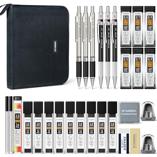 STAGEEK Mechanical Pencil Set with Canvas Bag 30 Count, Drawing Pencils 0.5, 0.7, 0.9MM & 3PCS 2MM Sketching Pencils with 464PCS Lead Refills (6B 4B 2B HB 2H 4H Color) for Artist Drafting Drawing