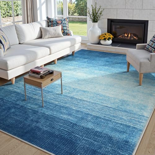 Wonnitar Modern Ombre 8x10 Living Room Rugs, Washable Blue Rug for Bedroom Non-Slip, Soft Stain Resistant Thin Non-Shedding Gradient Area Rug for Dining Guest Room Playroom (Blue, 8'x10')
