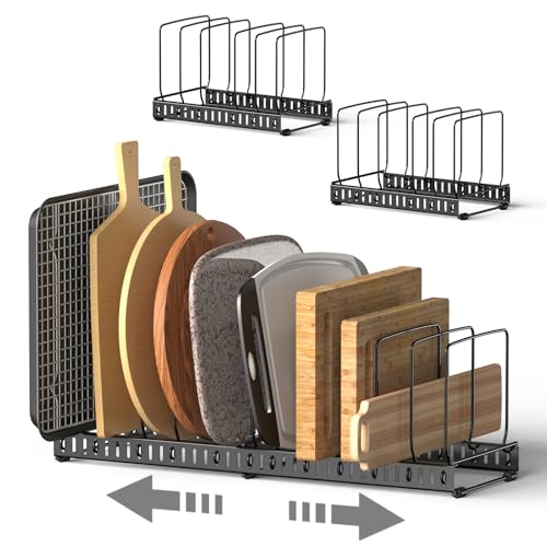 Hztint 2Pack Cutting Board Organizer, Adjustable Divider Cutting Board Holder With Anti-Slip Pads, Kitchen Cabinet Organizer For Baking Cookie Sheet Pan Bakeware Cookie, Black, Large-Size