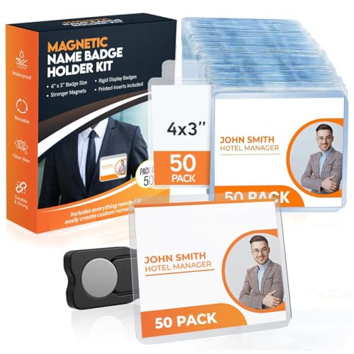 50 Pack Magnetic Name Badge Holders with Inserts