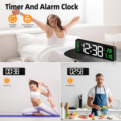 Image of Maxstar 16 inch Digital Wall Clock with Remote, 2 Alarms, DST, Date, Week, Dimmer,Large Digital Clock With Temperatur,Jumbo Number,LED Display,Night Light for Living Room,Kitchen,Garage,Gym,Desk (Green)