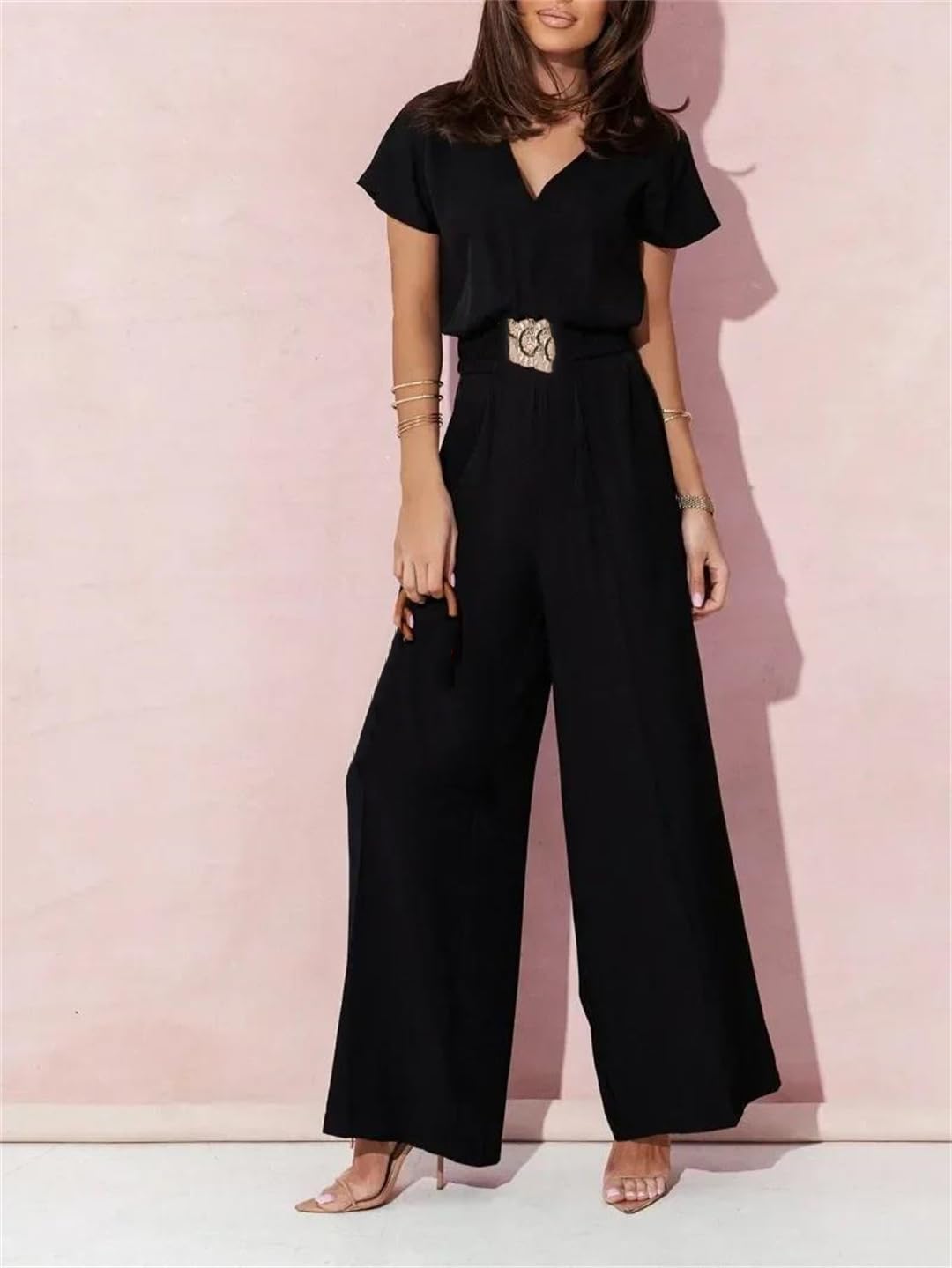 Yeuyyben Pagliaccetto estivo da donna con scollo a V manica corta gamba larga cintura casual elegante tinta unita