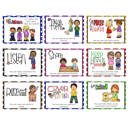 Richardy 9 PCS A4 Size Classroom Rules Posters Decorations Behavior Educational School Posters Good Habits Manners Chart for Preschool and Primary School Supplies