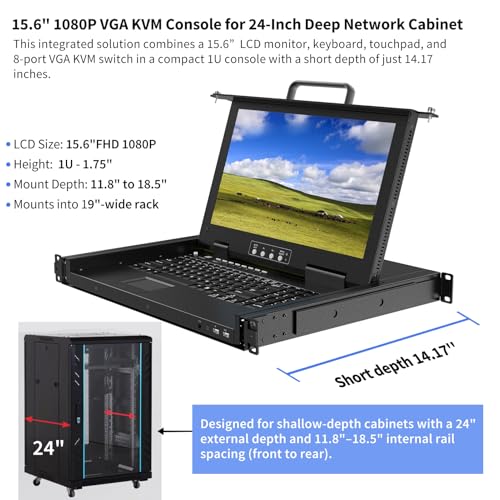Image of 1U Rack Mount KVM Console for Short Depth Cabinet,8 Port VGA Switch,1080p