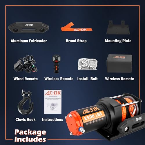 AC-DK 2500 lb ATV/UTV Winch Synthetic Rope Kits, 12V Winch with Wireless Remote for Off Road Trailer Boat RV Towing Winches, Winch with Mounting Plate and Wired Remote