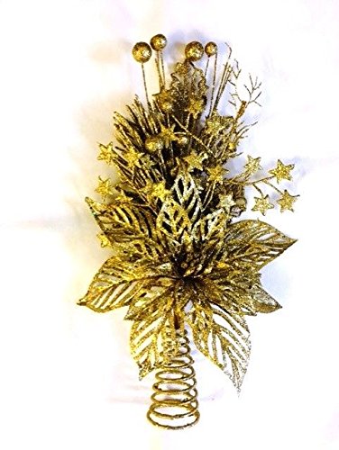 GOLD Glitter Poinsettia Flower CHRISTMAS TREE TOPPER with Berry & Star Detail - 36cm