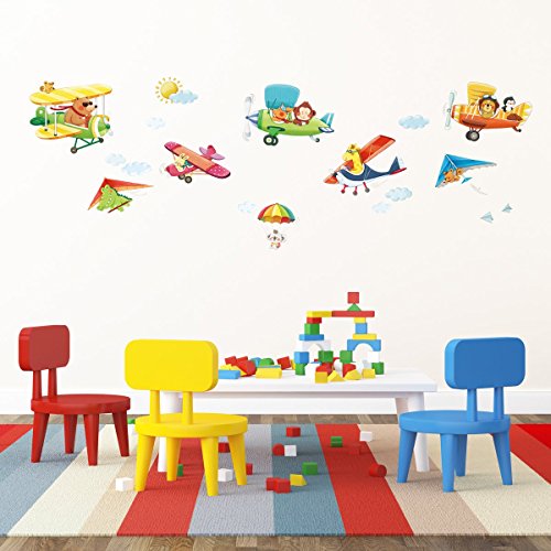 DECOWALL DA-1506BC Animal Biplanes with Hang Glider Kids Wall Stickers Wall Decals Peel and Stick Removable Wall Stickers for Kids Nursery Bedroom Living Room décor