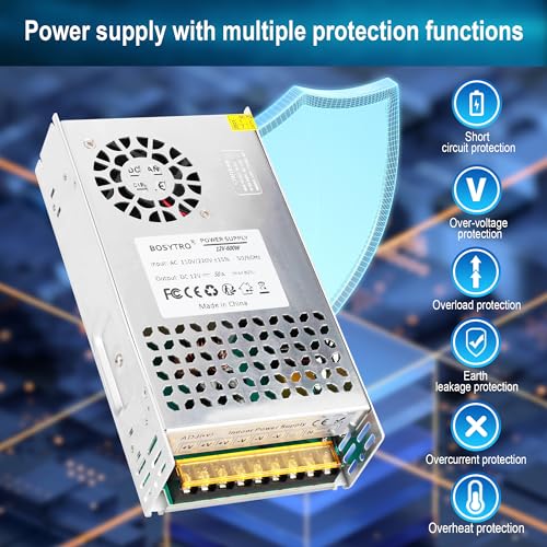BOSYTRO 12V 50A 600W DC Switching Power Supply, Universal Regulated Switching AC110V/220V (SMPS), 12 Volt Power Supply for LED Strip Light, CCTV Camera Security System,Computer Project