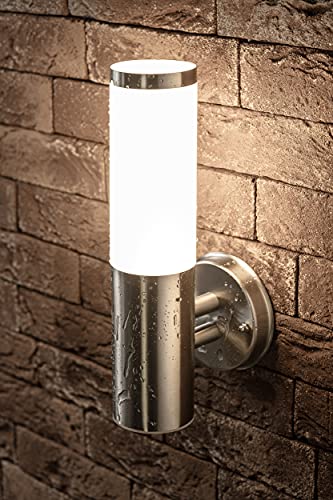 JungesLicht Außenlampe Edelstahl Wandleuchte 33cm, Ø76mm, E27 Fassung/Sockel, IP54 Wetterfest, 230Volt Aussenleuchte, Fassadenleuchte, Wandlampe,...