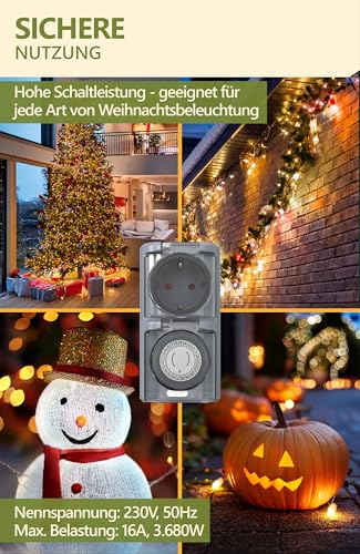 4smile Zeitschaltuhr Aussenbereich - IP44 Timer, mechanischer Zeitschalter analog außen - Timer Steckdose Outdoor, Zeitschaltuhr Steckdose außen, hohe Schaltleistung