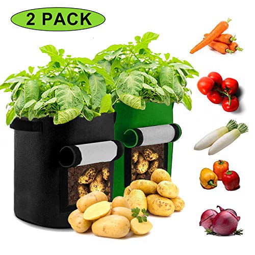 Preisvergleich Produktbild Sinicyder 2 Pack Pflanzen Tasche, Kartoffel Pflanzsack Tasche, Dauerhaft Atmungsaktiv Beutel Gemüse wachsen Pflanztasche mit Fenster / Klettverschluss / Tragegriffen, 38L / 10Ga, (Grün & Schwarz)