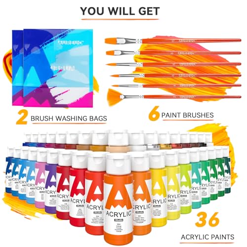AUREUO Acrylic Paint Set 36 Colors - 2 Oz.(59ml) with Metallic Colors & Brushes - Acrylic Paints for Canvas Ceramic Wood Rock Painting - Art Paints for Painting for Adults, Beginners, Artists - Image 2