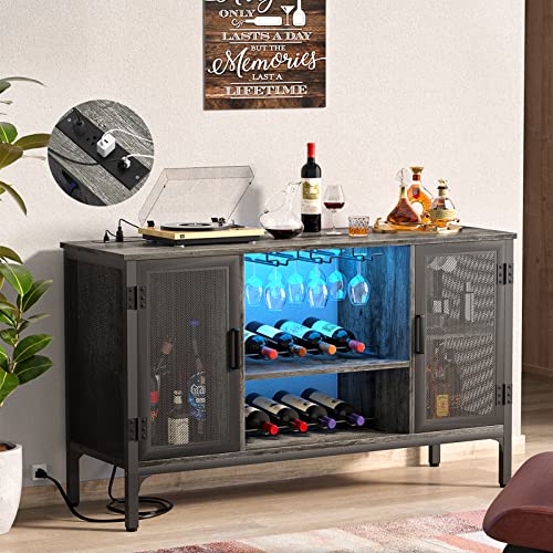 Homieasy Wine Bar Cabinet with Led Lights and Power Outlets, Industrial Coffee Bar Cabinet for Liquor and Glasses, Farmhouse Bar Cabinet with Removable Wine Racks, Black Oak - Thumbnail 2