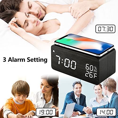 Jall Wooden Digital Alarm Clock With Wireless Charging, 3 Alarms Led Display, Sound Control And Snooze Dual For Bedroom, Bedside, Office (Black) #TOP2