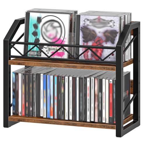 HOOBRO 2-Tier CD Storage CD Rack with Non-Slip Feet Holds up to 55 DVDs CD/DVD Holder Space-Saving Desktop Organiser Rustic Brown and Black EBF22CJ01