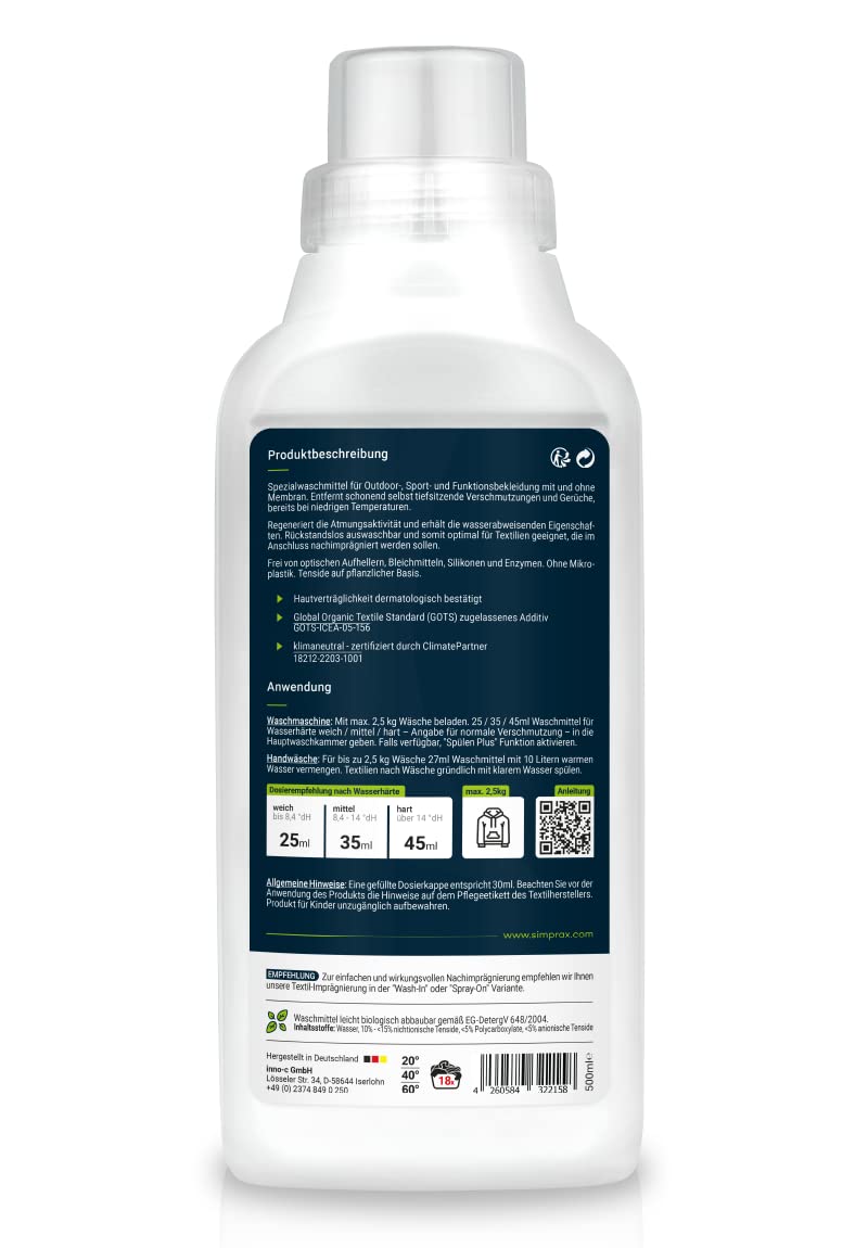 Detergente Liquido Ropa Técnica y Outdoor para Goretex Softshell Sympatex Lycra & Forro Polar - Renueva la Transpirabilidad Elimina Olores y Suciedad - Detergente Ecologico Lavadora 500 ml