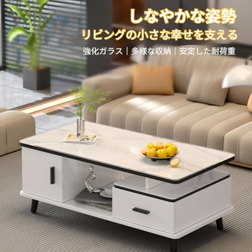 SYYAAJXX ローテーブル、センタ、 リビング ロー 収納付き 幅100/120cm 長方形 センター 座卓 スチール製テーブル脚 リビングルーム 家庭用 引き出し付き 組み立て簡単 省スペース 頑丈 軽い贅沢 モダンでシ (120cm - 大理石調 - ガラス表面) [3]