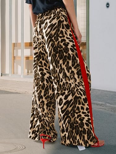 LIWEIKE Women's Leopard Print Pants Drawstring Color Block Side Striped Pants Y2K Cheetah Wide Leg Trousers with Pockets2