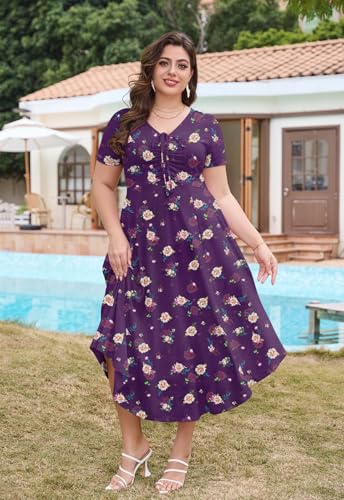 Image of Keluummi Plus Size Maxi Dress for Women V-Neck Short Sleeve with Pockets