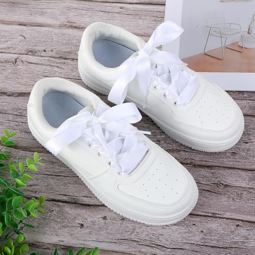 2 Pairs Satin Ribbon Shoelaces, 2cm Wide Flat Shoe Laces for Women Fashion White Flat Shoestring for Sneaker Skate Shoes Boots Sport Shoes DIY Decor4