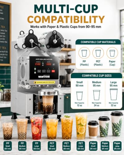Image of WantJoin Cup Sealer Machine - Full Automatic Cup Sealing Machine Electric Boba Sealing Machine Seals 500-600 Cups /H Digital Control Panel Cup Sealer for Bubble Milk Tea Coffee Shop,20''H 90 /95mm