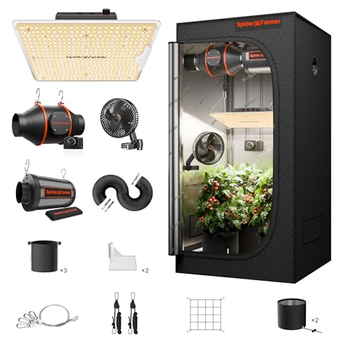 Spider Farmer Grow Tent Kit 2x2x5ft Complete System, SF1000D Bridgelux Diodes Full Spectrum LED Grow Light 24'X24'X55' Indoor 1680D Mylar Tent with 4' Ventilation System & 6'' Clip Fan