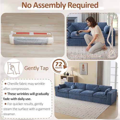 Image of 146''Cloud Boneless Sectional Couch, Modular Sectional Sofa Deep Seat, Oversized Upholstered Convertible Comfy 4 Seater Chenille Memory Foam Sofa Couches for Living Room, Blue
