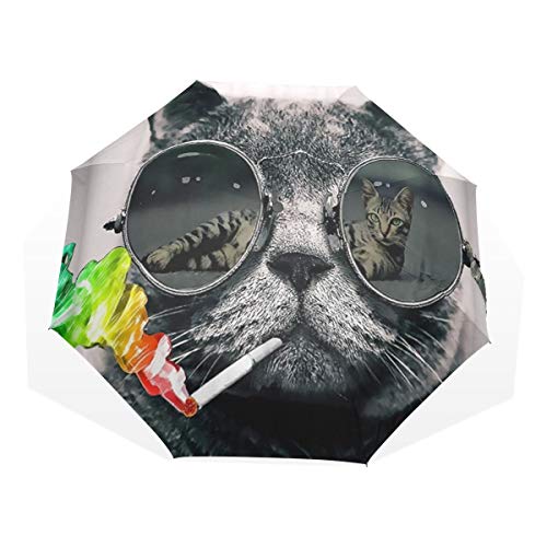 Preisvergleich Produktbild LASINSU Regenschirm,Coole Katzen Abnutzungs Sonnenbrille,die Krawatten Regenbogen rauchtFaltbar Kompakt Sonnenschirm UV Schutz Winddicht Regenschirm