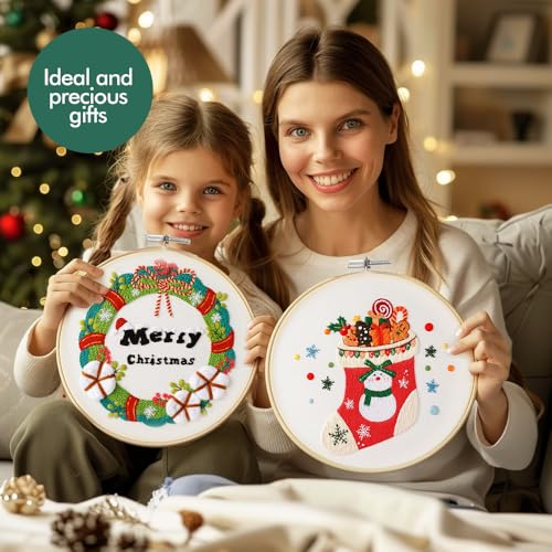 Image of wtisan Christmas Embroidery Kit, Cross Stitch Kits for Beginners, Needlepoint with All Tools & Instructions, Stamped Hand Embroidery Starter Kit for Holiday Crafts & Xmas Home Decor, W10
