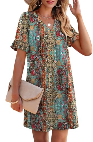 Image of OFEEFAN Summer Dresses for Women Ruffle Short Sleeve V Neck Casual Shift Dress with Pockets
