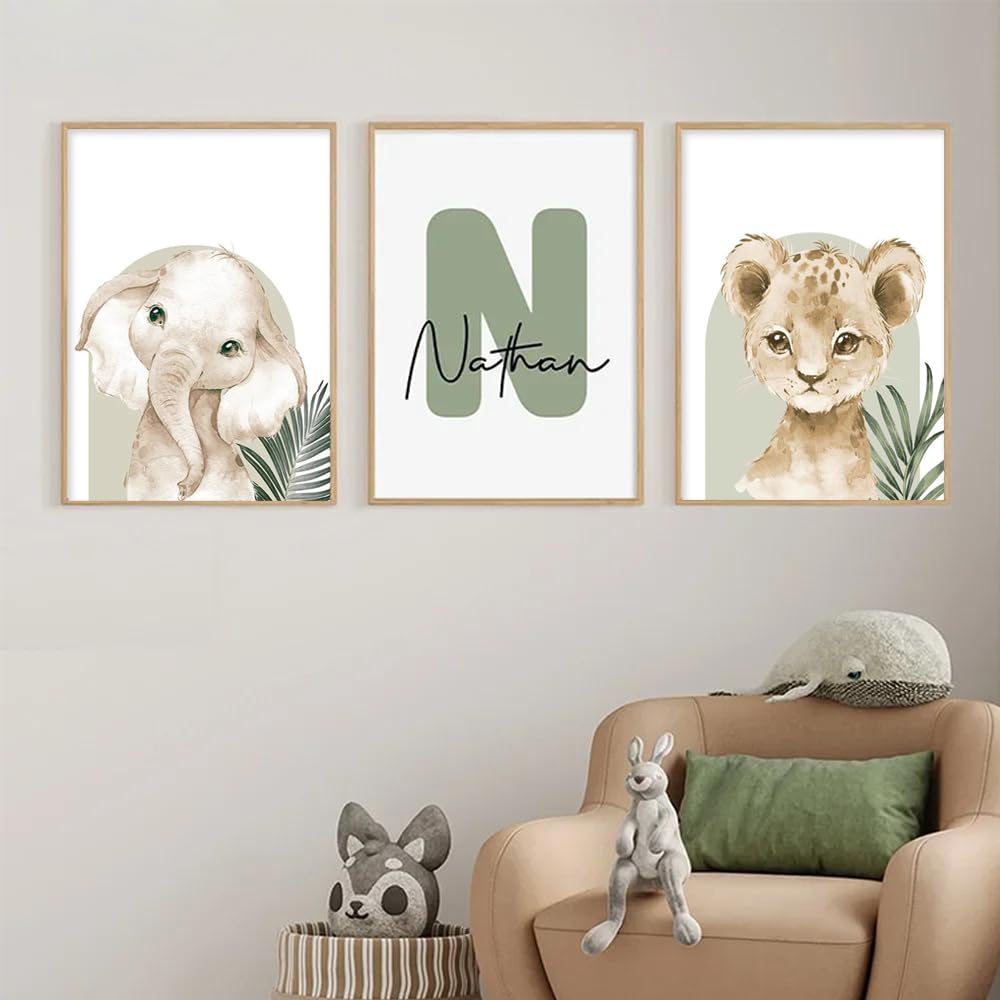 3 Laminas Animales Infantiles Personalizadas 30X40CM Poster Habitacion Bebe Cuadros Safari Infantil Niño Beige Verde Lienzo Infantil Selve Laminas Animales Salvajes Bebe Niño Habitacion sin Marco