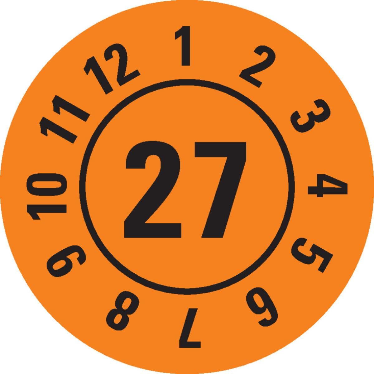 Jahresprüfplakette 27, Dokumentenfolie, selbstklebend, orange, Ø 25 mm, 500 Stück/Rolle
