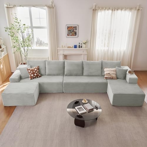 Image of Oversized Modular Sectional Sofa Couch, Large 6 Seater Corner Sofa Modern U Shaped Sectional Couch Cloud Couches for Living Room, Office, Spacious Space, Corduroy,No Assembly Required, Light Grey