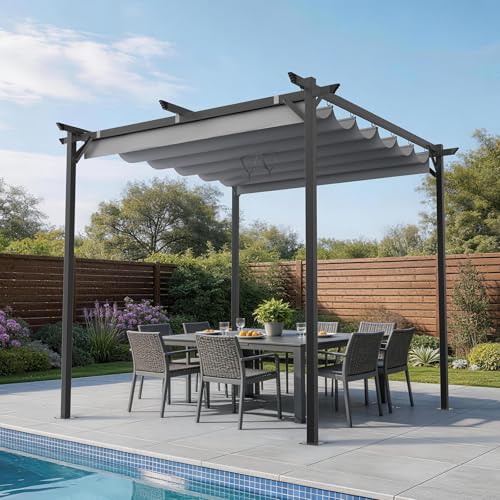 Gazebo Metal Pergola with Retractable Roof bigzzia Large Gazebo With Sun Shade Canopy Waterproof And SPF 15 With PU Coated Features For Patio Garden Party BBQ (8x8Ft Grey)
