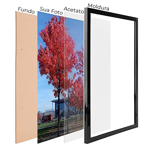 Kit de Molduras A4 21x30cm de Madeira Pinus Laqueada com Acetato para Quadros Dourada Branca Preta T