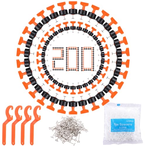 AHAQU Tile Leveling System, 200PCS Reusable Tile Leveler Spacers with 4 Special Wrench, 100PCS T Needle and 500PCS 2mm Tiles Spacers, Tiles Installation Tool Kit for Building Walls and Floors