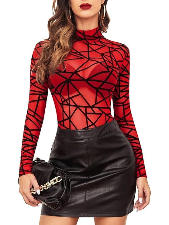 Women's Geometric Print Mesh Bodysuit, Long Sleeve High Neck, See-Through, Red and Black, S-XL