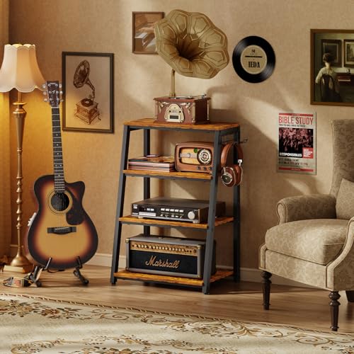 4-Tier AV Media Stand with 2 Hooks, Heavy Duty Stereo Cabinet Furniture - Stereo Rack and Game Console Stand, Wooden Record Player Stand, Audio Stand Perfect for DVD Players/Game Console/TV Box/Xbox - Image 3