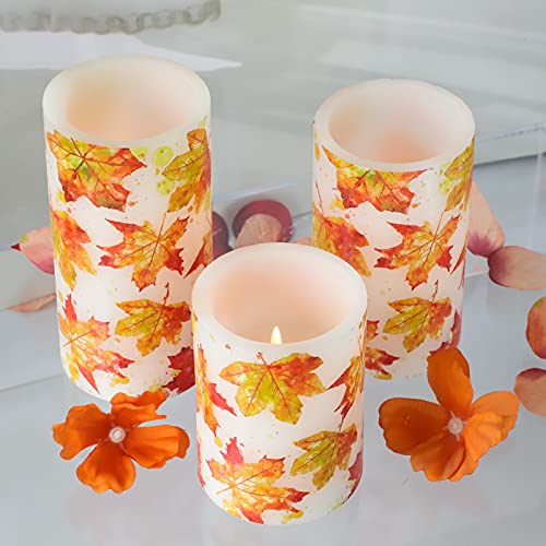 Image of Fall Leaves Flameless Candles with Remote Flickering Real Wax Battery Operated Candles for Home Party Wedding Botanical Autumn Decorations - Set of 3