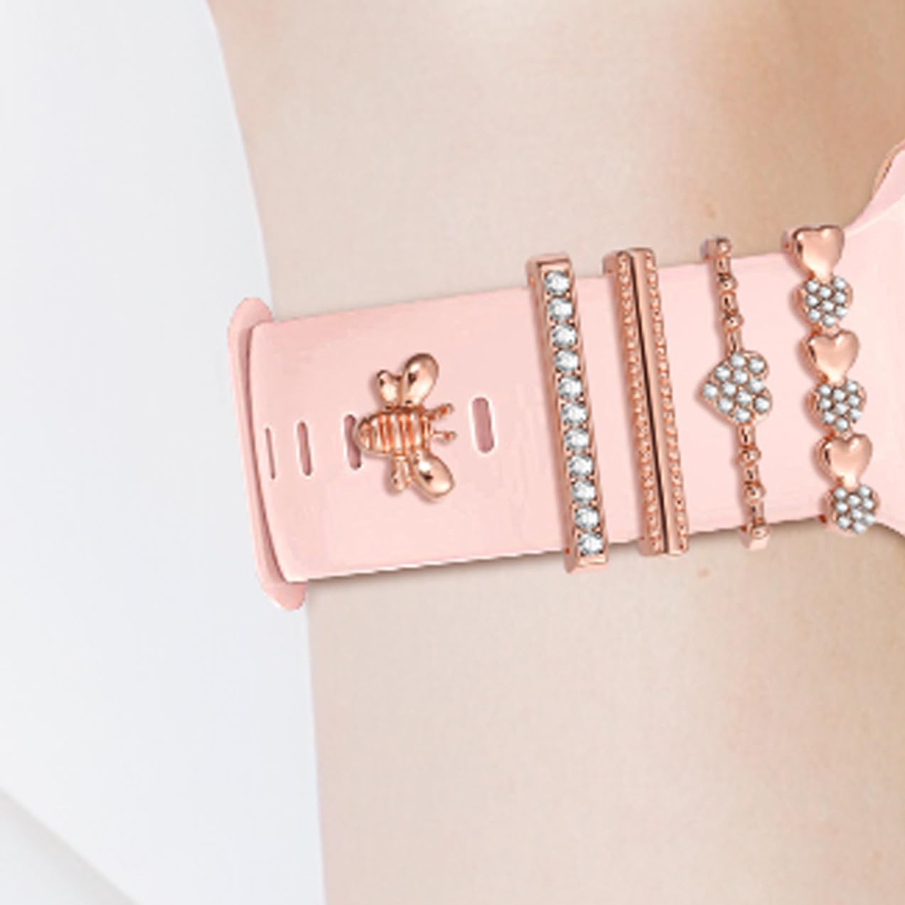 POPETPOP Lot de 10 Breloques Décoratives Rose Gold pour Bracelet de Montre Connectée, Accessoires Anneaux pour Bracelets Compatibles Silicone, Clous Décoratifs Strass, Présent Personnalisé
