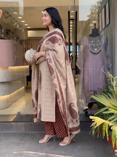 Image of Nermosa Women's Pure Viscose Block Printed Ethnic Wear Straight Kurta Set with Palazzo Pants & Dupatta | Kurta Set for Women | 3 Piece Set