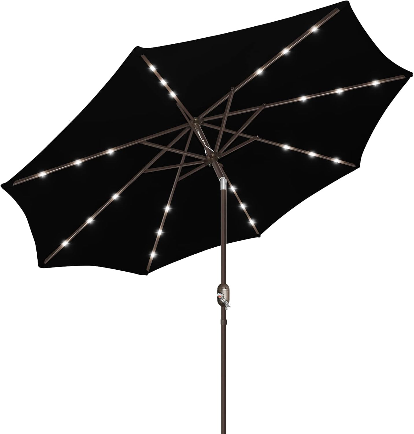 9ft Patio Umbrella with Solar Lights, Outdoor Umbrella with 24 LED Solar Umbrella Lights, Solar Patio Umbrella with Push Botton Tilt & Crank Ideal for Garden, Backyard & Pool, Black