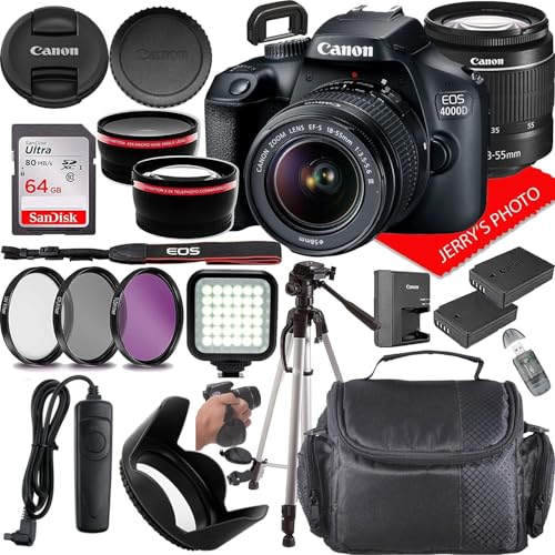 Canon EOS 4000D (Rebel T100) DSLR Camera w/Canon EF-S 18-55mm F/3.5-5.6 DC III Zoom Lens + Extra Battery + Case + 64GB Memory (20pc Bundle) (Renewed)