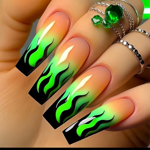 LWTZLW French Tip Press on Nails Long Square Fake Nails Green Gradient French Tip Full Cover Glue on Nails Flame Design Coffin Acrylic False Nails Ombre Glossy Artificial Nail Reusable for Women