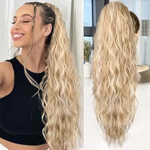 ALXNAN Claw Clip Ponytail,26 Inch Light Blonde with White Blonde Highlights Ponytail Extension for Women Synthetic Long Curly Wavy Clip in Ponytail Hair Extensions Hairpiece for Daily Party Use